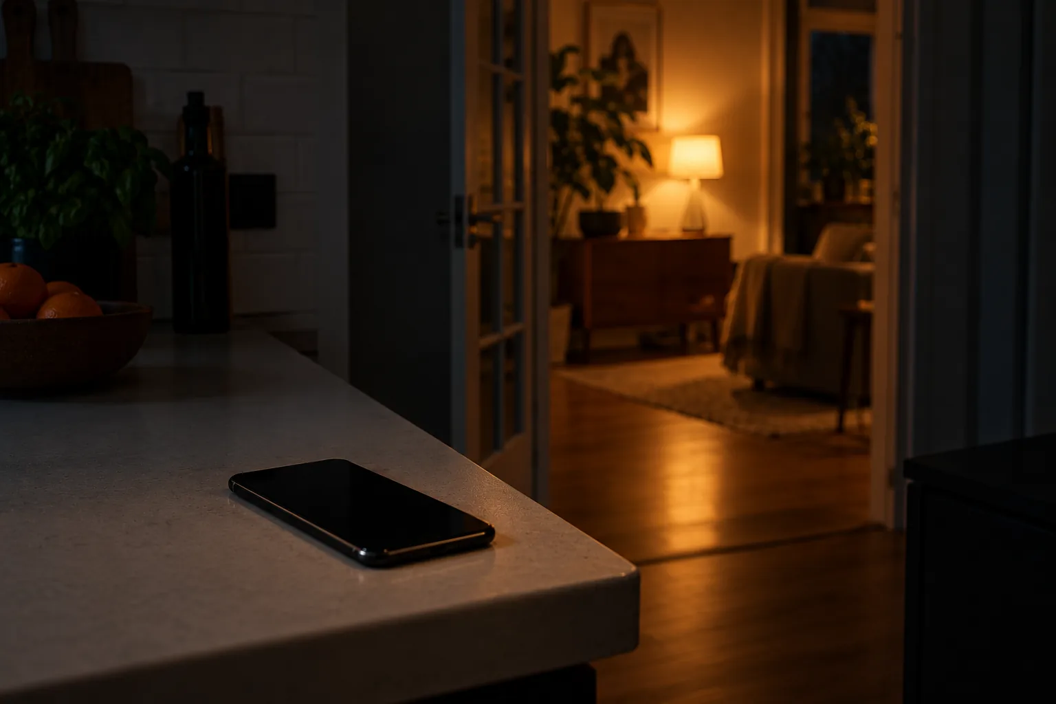 Een donkere keuken waarin een telefoon met een zwart scherm op het aanrecht ligt, met door een open deur daarachter een warm verlichte woonkamer zichtbaar.