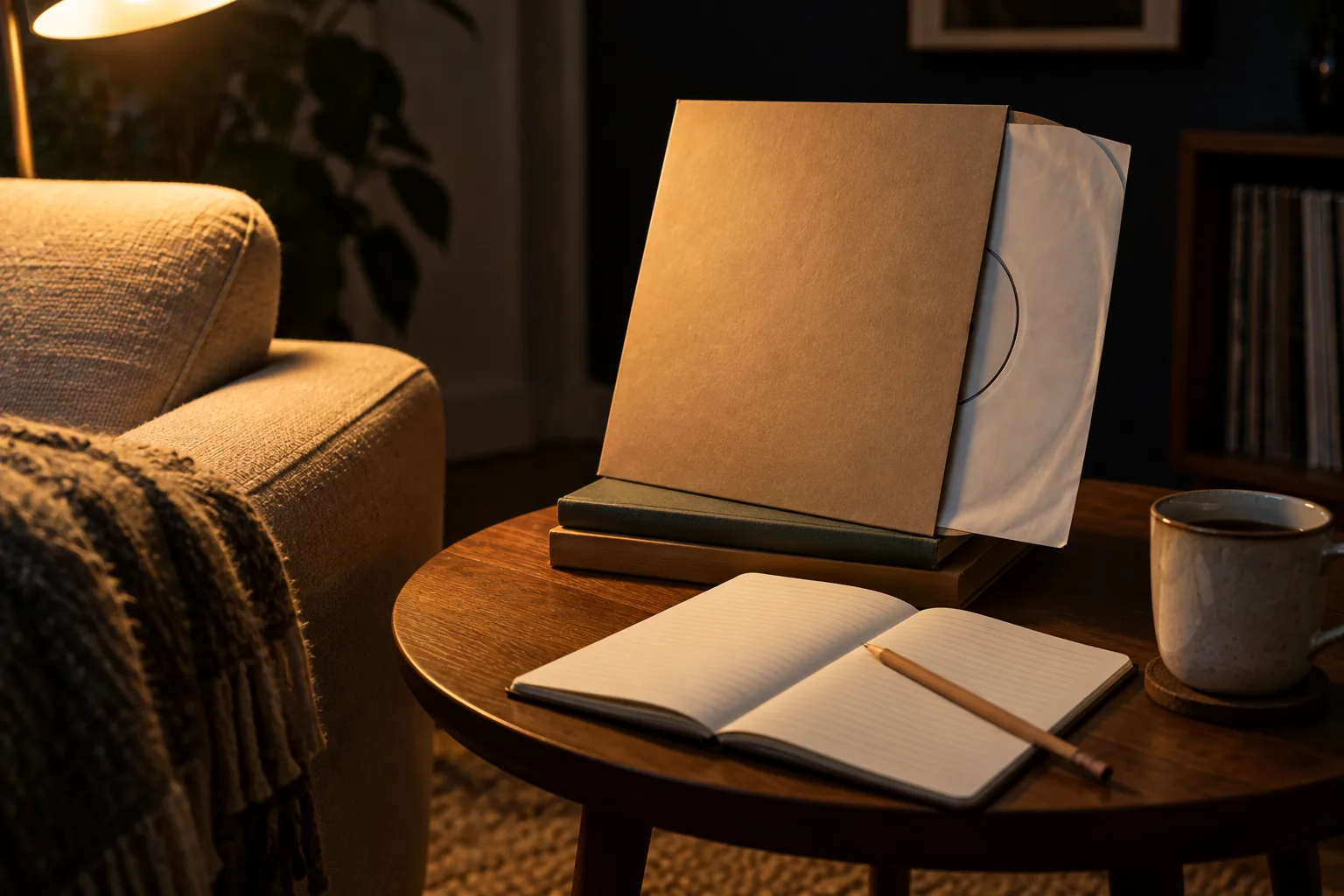 Een bijzettafeltje naast een fauteuil in lamplicht, met een blanco platenhoes rechtop tegen twee boeken, de binnenhoes half eruit, en daarvoor een opengeslagen notitieboekje met een potlood.