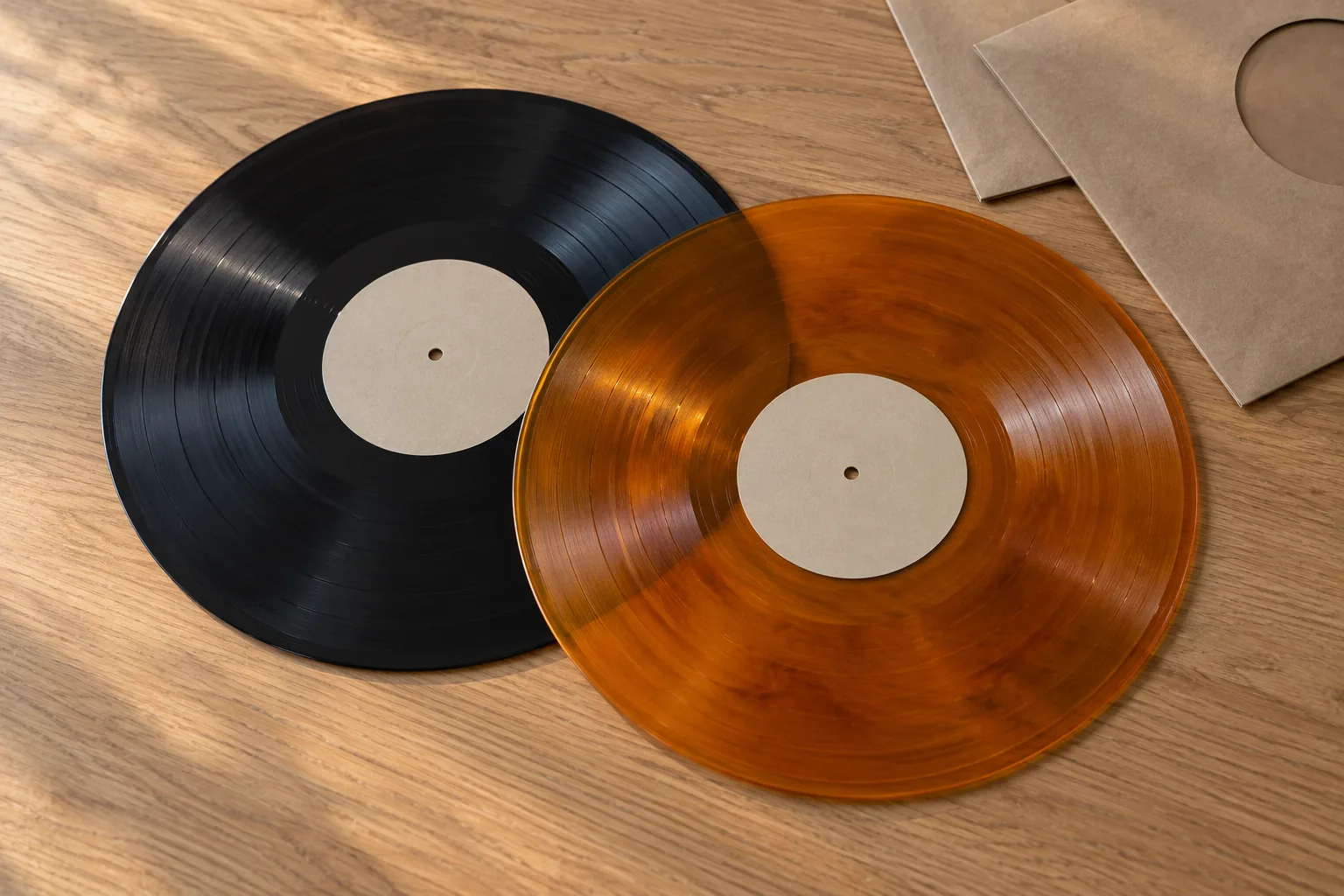 Een matzwarte lp en een doorschijnend oranje lp liggen half over elkaar op een eiken tafel, beide met een blanco label, met twee blanco kraftpapieren hoezen aan de rand van het beeld.