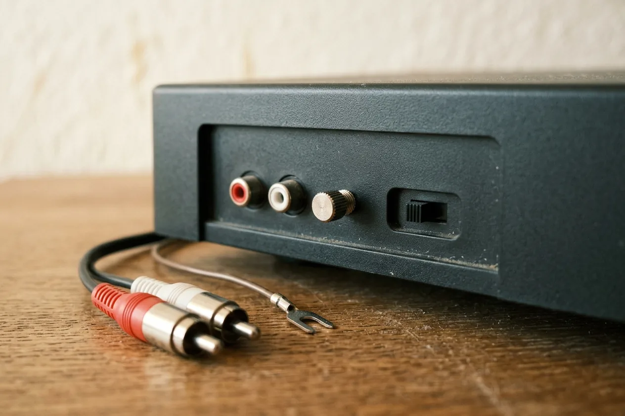 Achterkant van een platenspeler met twee cinch-aansluitingen, een aardeschroef en een schuifschakelaar, met de losse kabel ervoor op een houten kast.