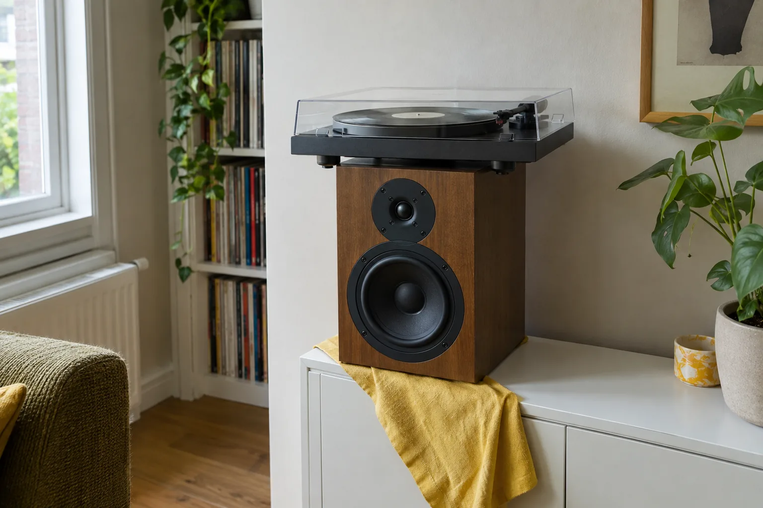Platenspeler bovenop een boekenplankspeaker op een lichte kast, met een gele doek over de rand, in een Nederlandse woonkamer.