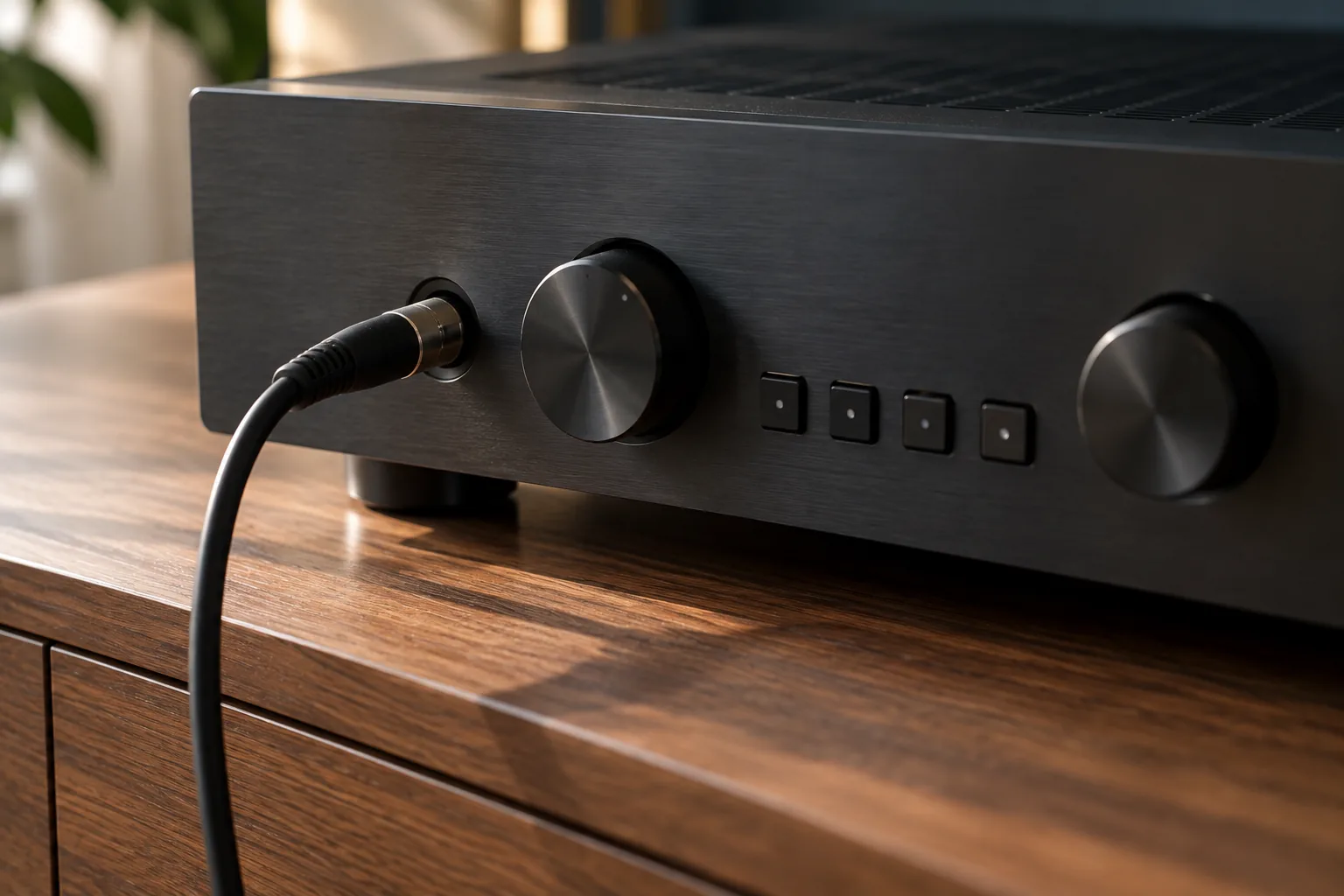 De voorkant van een zwarte versterker op een walnoten kast, met een grote 6,3 millimeter koptelefoonplug in een ronde aansluiting links op het front en een dikke zwarte kabel die uit beeld buigt.