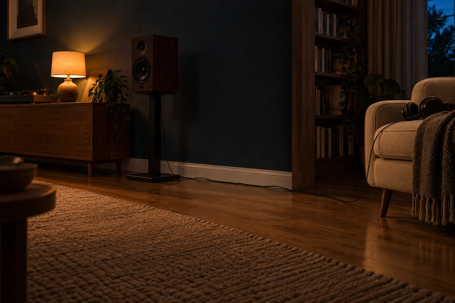 Een donkere woonkamer waarin een dunne zwarte koptelefoonkabel van de kast langs de plint over de vloer naar een fauteuil loopt, met de koptelefoon op de armleuning.