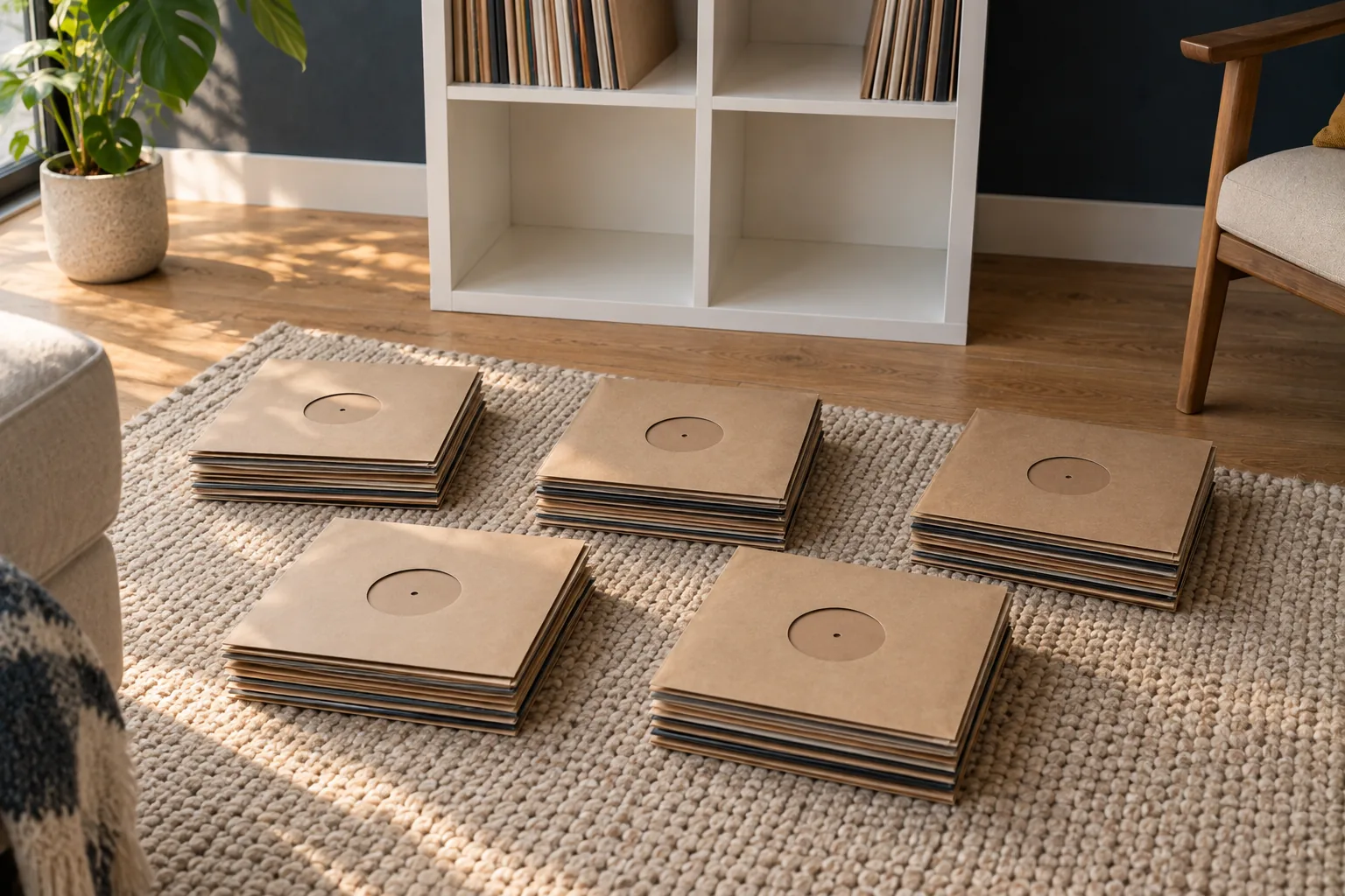 Vijf ongeveer even hoge stapels platen in blanco kraftpapieren hoezen liggen uit elkaar op een vloerkleed voor een witte kubuskast waarvan twee vakken al leeg zijn.