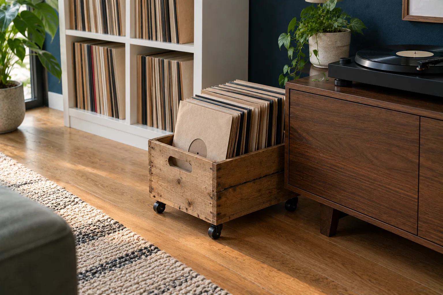 Een houten krat op wielen met ongeveer twintig platen in blanco hoezen staat naast een walnoten kast met een platenspeler, met op de achtergrond een witte kubuskast met strak uitgelijnde rijen platen.