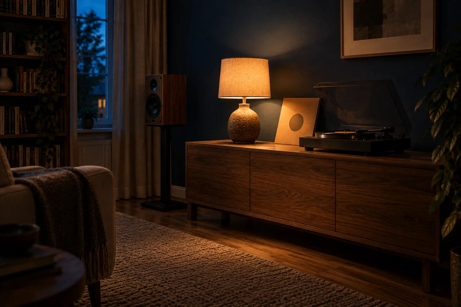 Dezelfde woonkamerhoek in de schemering met de plafondlamp uit: één warme tafellamp op de kast verlicht een blanco platenhoes en de platenspeler, terwijl de rest van de kamer donker is.