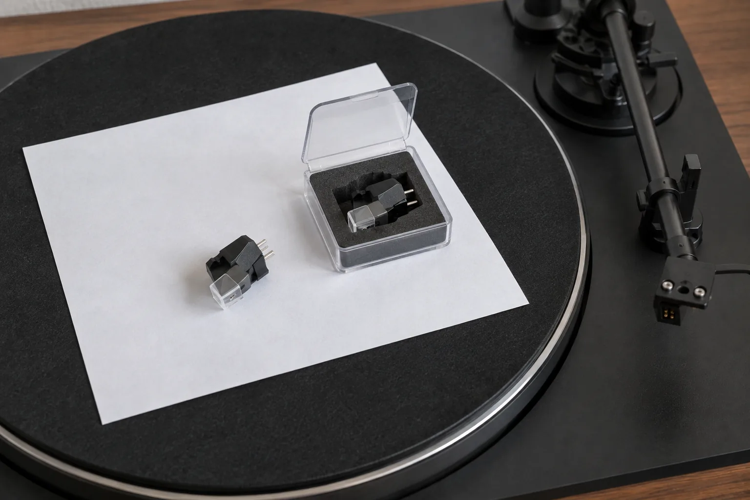 Een wit vel papier op het plateau van een platenspeler met daarop het losgenomen element met beschermkapje, ernaast het nieuwe element in een doorzichtig doosje met schuim, en rechts de vastgezette toonarm met een lege houder.