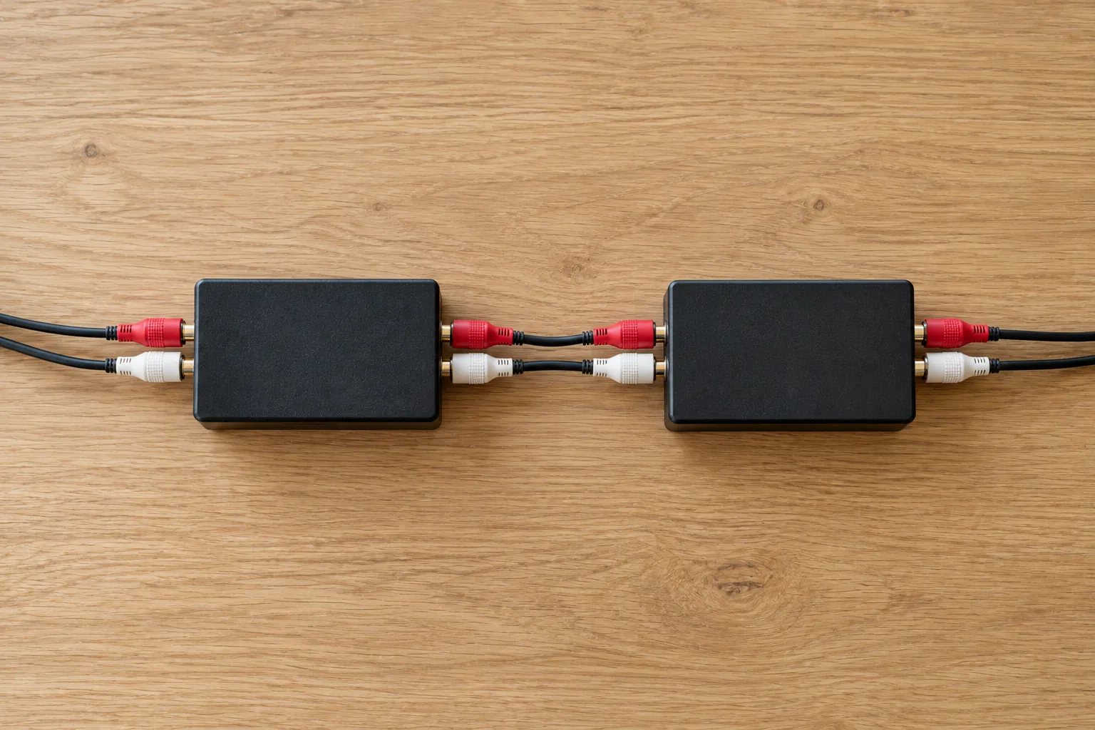 Twee identieke zwarte kastjes naast elkaar op een eikenhouten tafel, met cinchkabels achter elkaar aangesloten.
