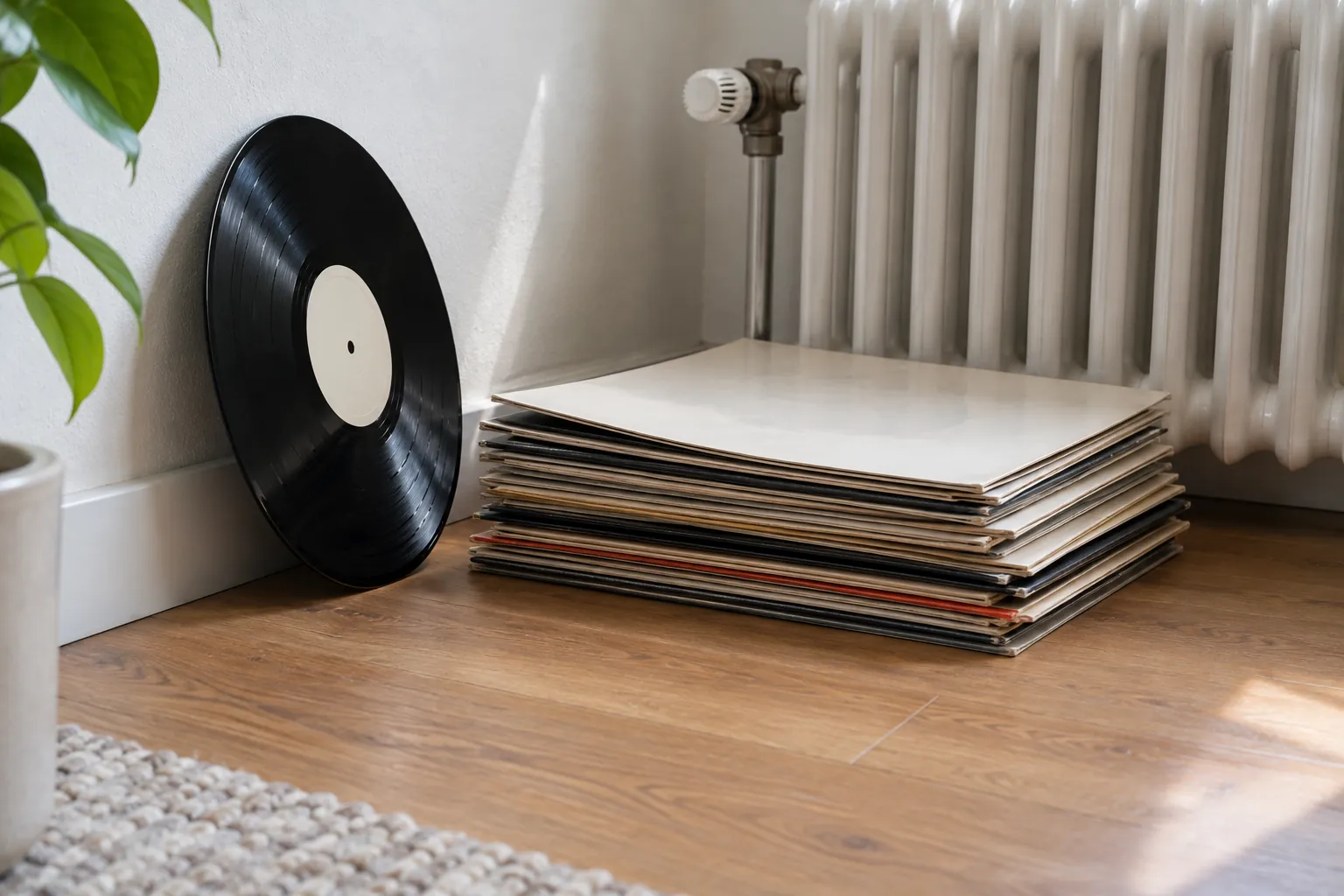 Een stapel platen plat op de vloer naast een radiator, met een losse plaat schuin tegen de muur geleund.