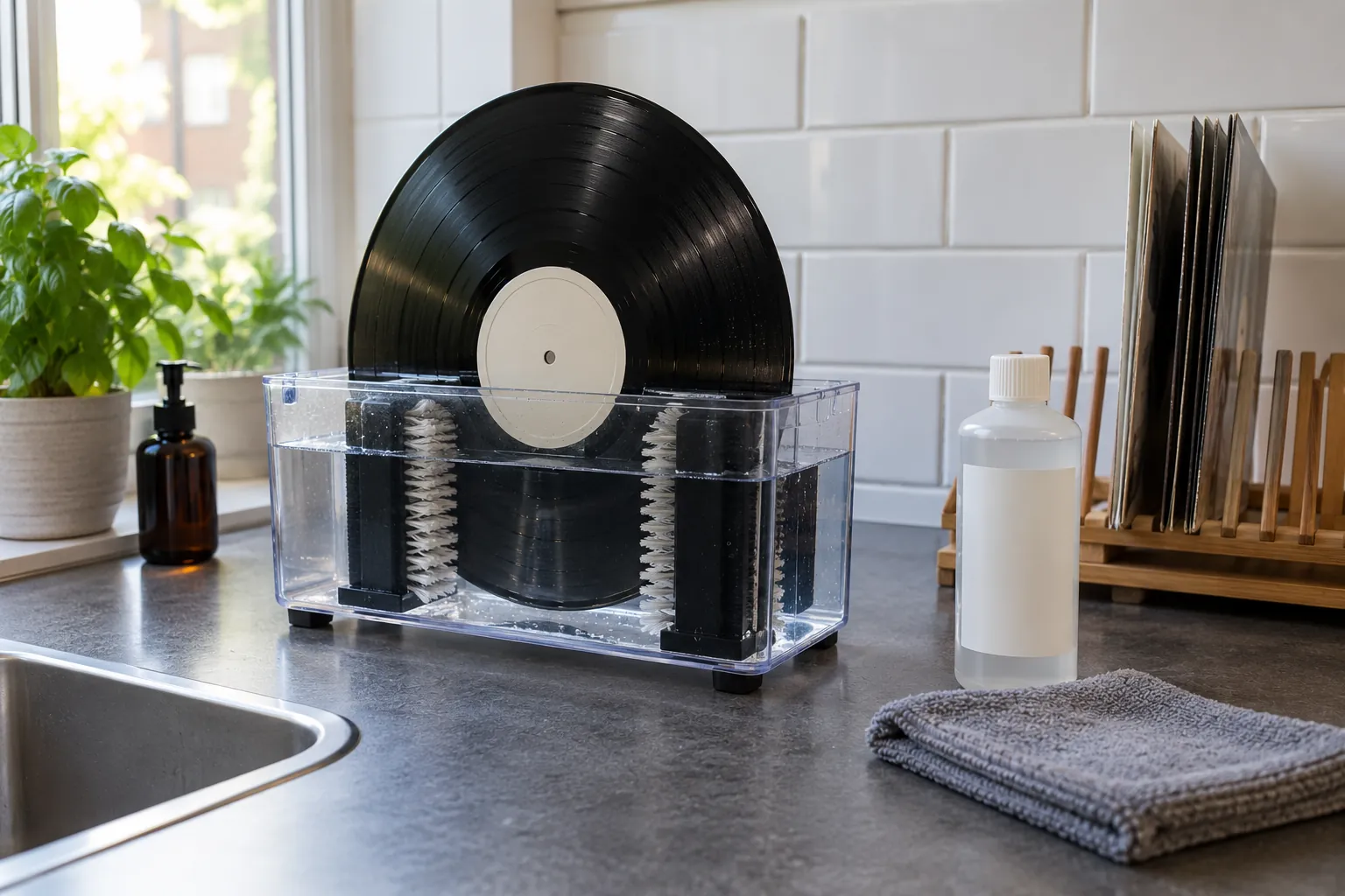 Een vinylplaat rechtop in een doorzichtige platenwasser met twee borstels op een aanrecht, met een fles reinigingsvloeistof, een grijze doek en een afdruiprek met platen ernaast.