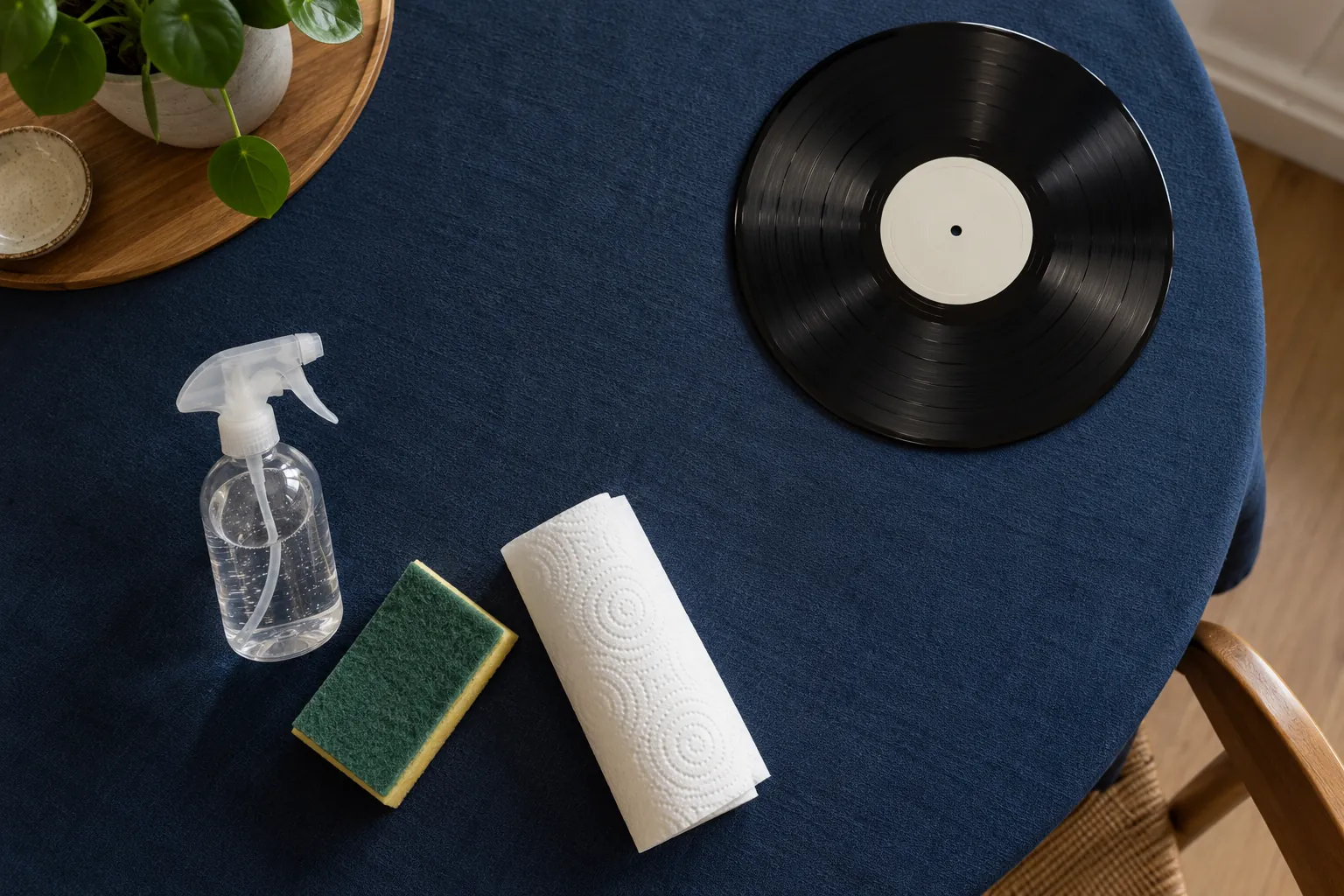 Een spuitfles, een schuurspons en een rol keukenpapier op een donkerblauw tafelkleed, met een vinylplaat aan de andere kant van de tafel.