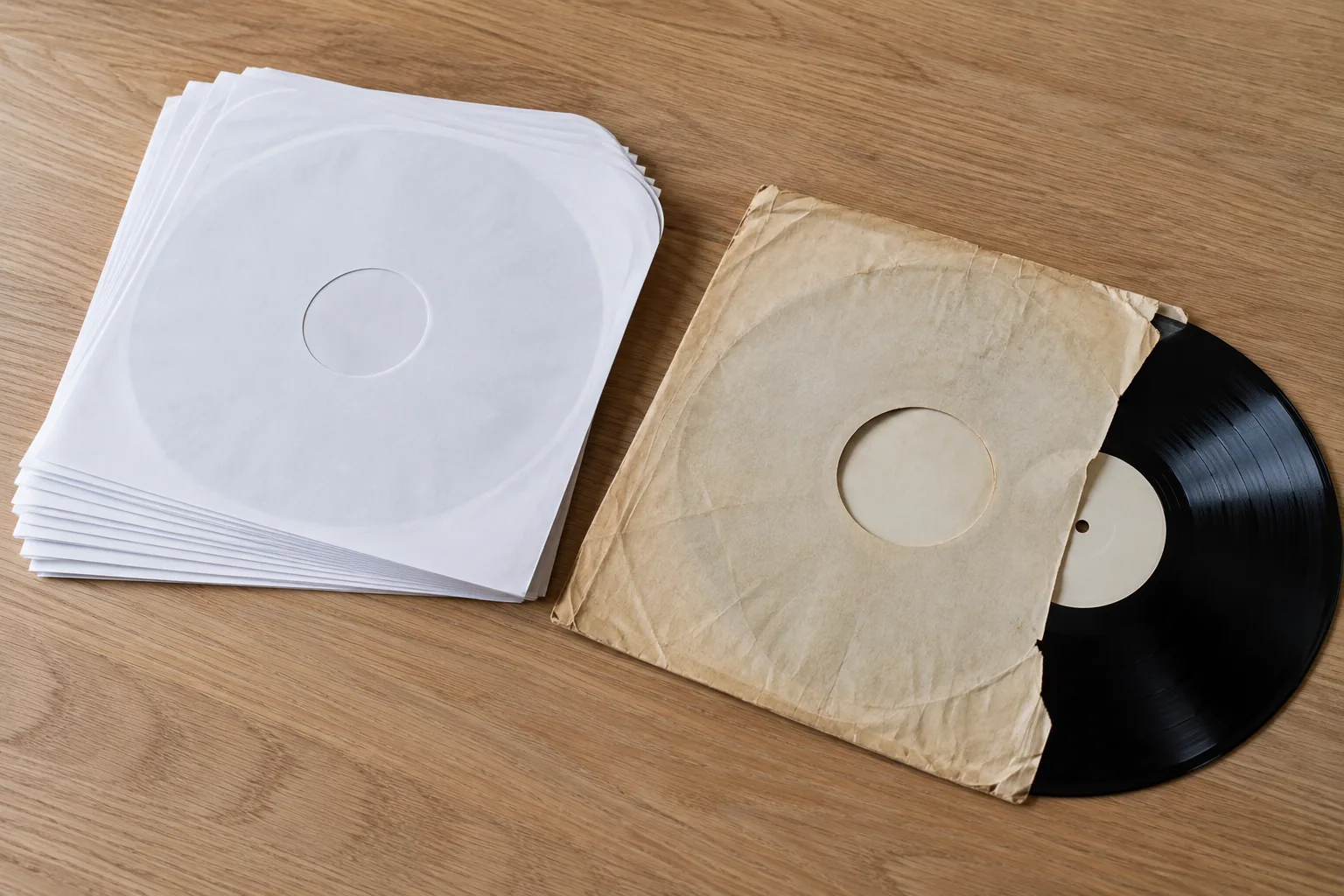 Een stapel nieuwe witte antistatische binnenhoezen op een eiken tafel, naast een vergeelde en gekreukte oude papieren binnenhoes waar een zwarte plaat half uit steekt.