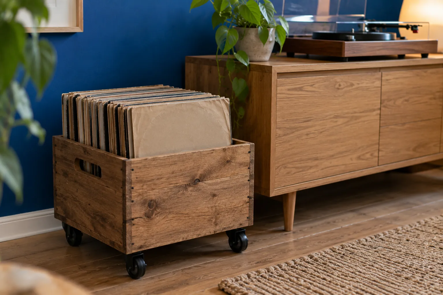 Een houten krat op zwarte wielen met rechtop staande platen erin, naast een eiken dressoir met een platenspeler erop, tegen een kobaltblauwe muur.