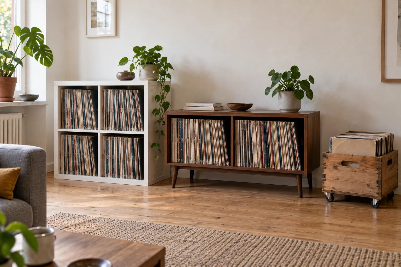Drie manieren om platen te bewaren naast elkaar in een woonkamer: een witte kubuskast met vier vakken, een walnoten dressoir met open vakken en een houten krat op wielen.