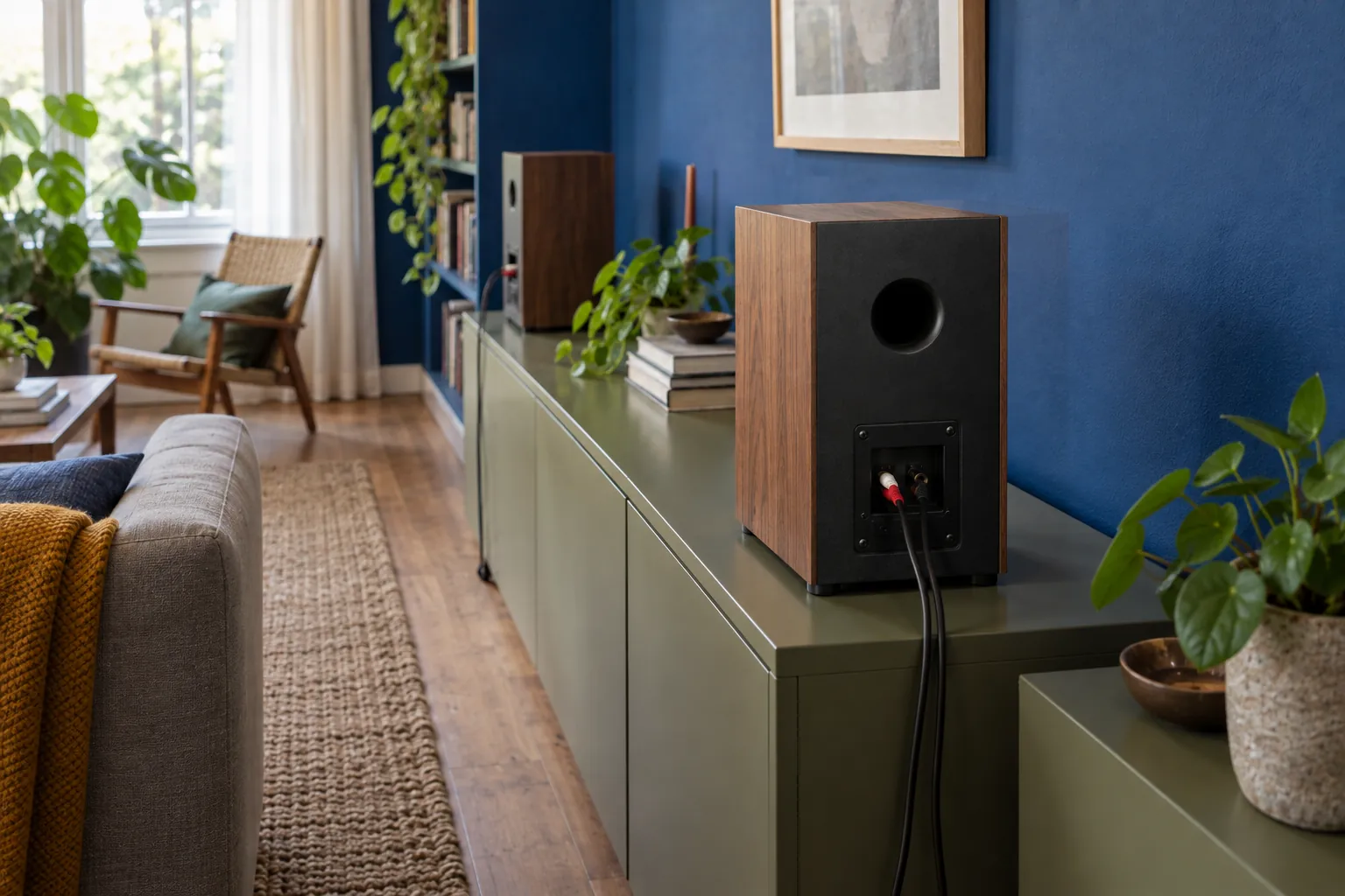 De achterkant van een actieve speaker op een groene kast, met een klein aansluitpaneel waar een cinchkabel en een stroomkabel achter de kast naar beneden lopen, en de tweede speaker verderop in de kamer.
