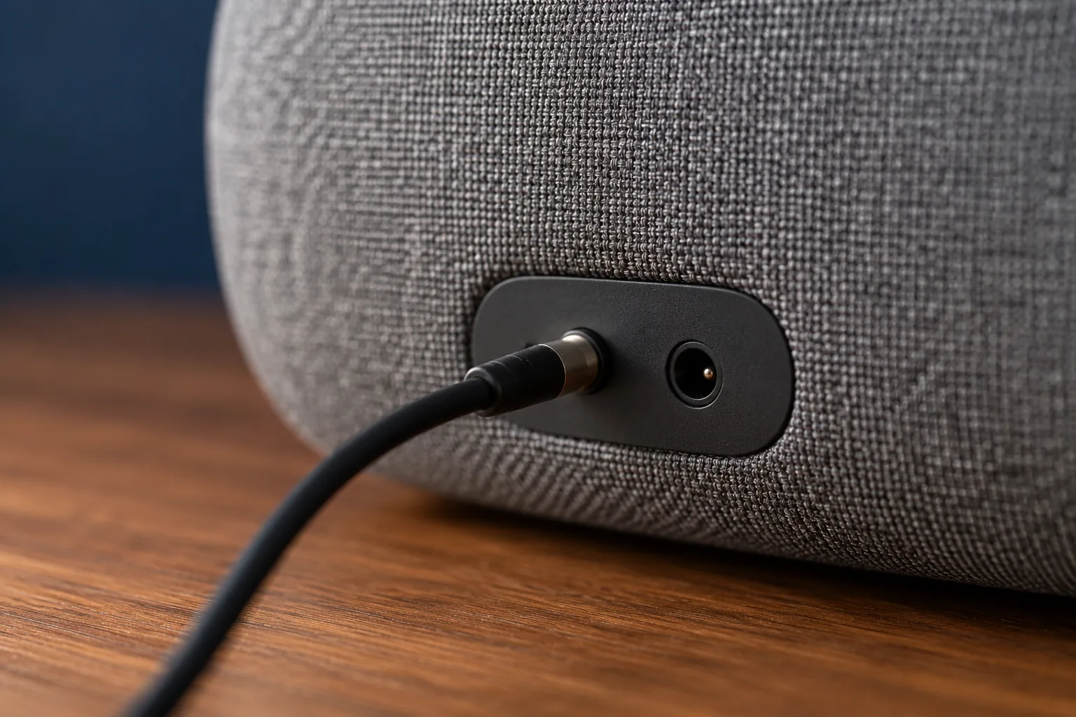 De achterkant van een grijze stoffen speaker met een aangesloten kabel in de ingang en een lege stroomaansluiting ernaast.