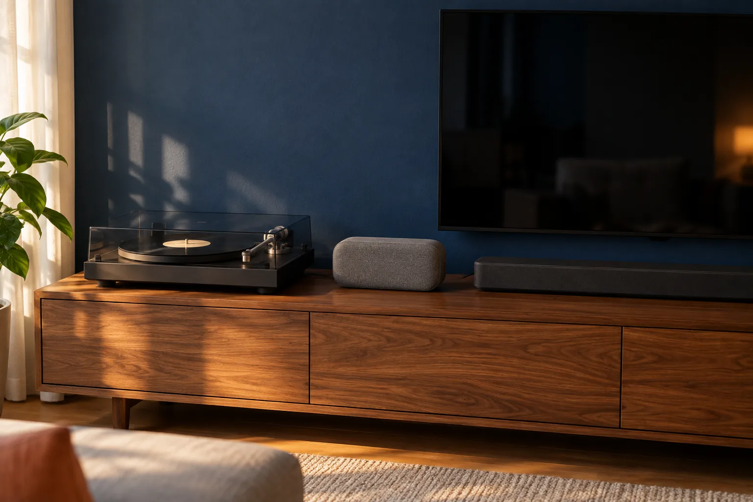 Een lang walnoten dressoir voor een donkerblauwe muur met een platenspeler, een kleine grijze speaker en een soundbar onder een televisie die uit staat.