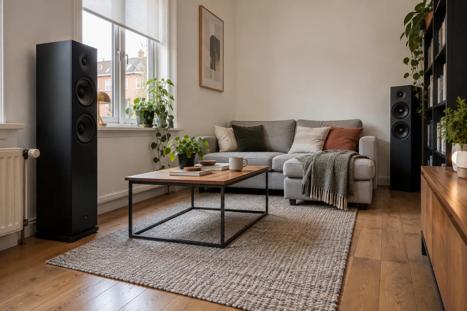 Twee hoge zwarte vloerstaanders in een smalle woonkamer, een vlak naast de radiator onder het raam, de andere tegen een boekenkast in de hoek.