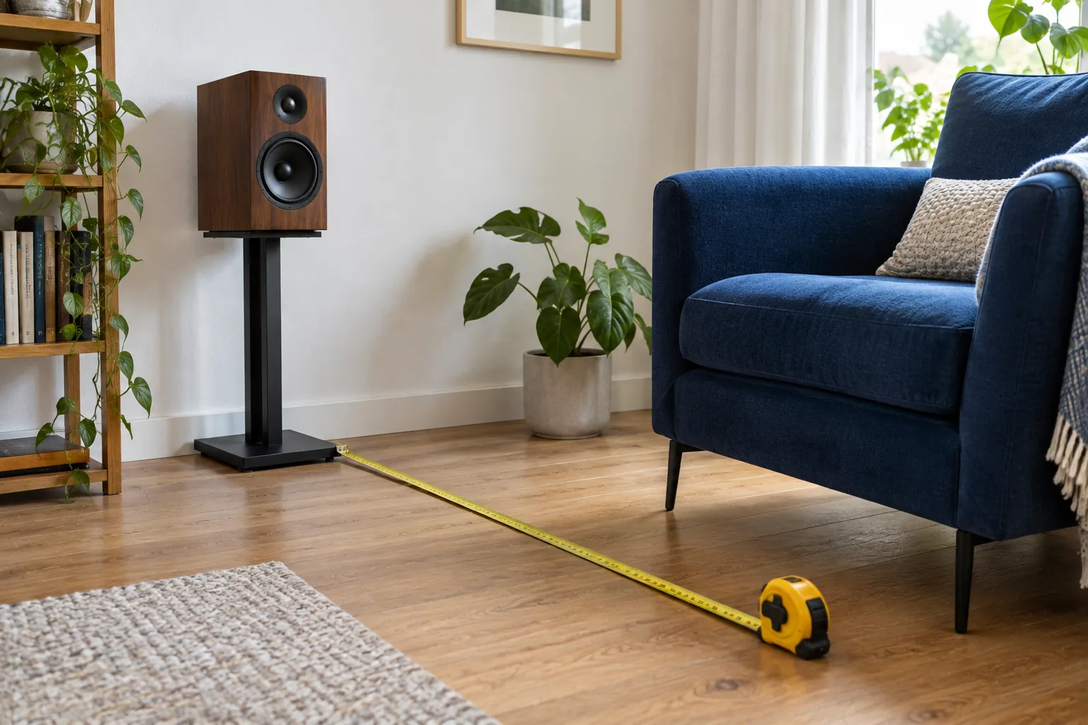 Een boekenplankspeaker op een zwarte stand naast een geel meetlint dat over de houten vloer naar een kobaltblauwe fauteuil loopt.