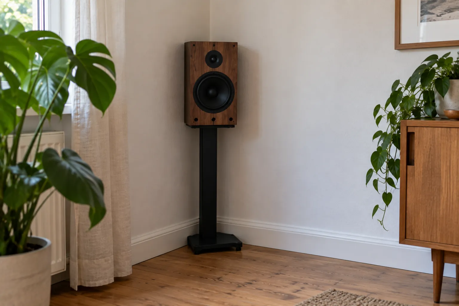 Een walnoten boekenplankspeaker op een zwarte stand, strak in de hoek van een lichte kamer geschoven, vlak bij twee muren.