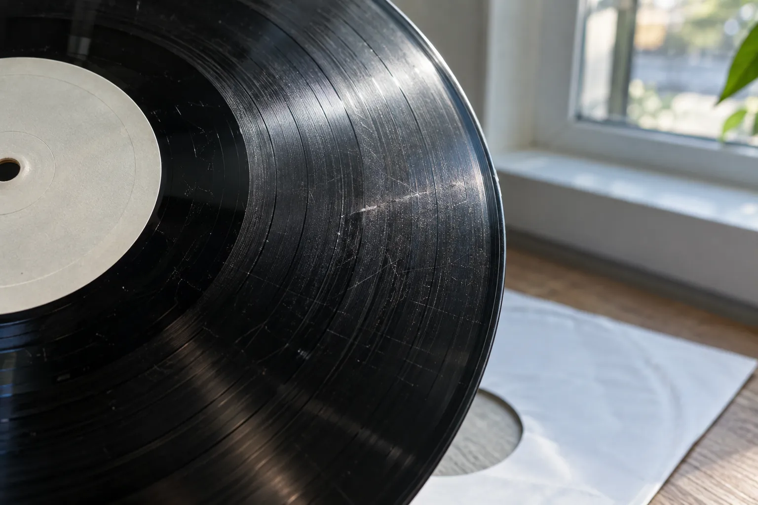 Een vinylplaat schuin naar het raam gekanteld, zodat het licht fijne krassen en een lichte veeg over het oppervlak laat zien.