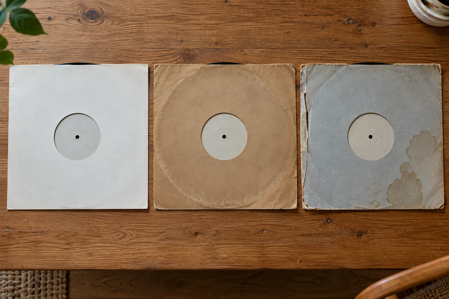 Drie gebruikte platenhoezen naast elkaar op een houten tafel: een gave witte, een bruine met ringslijtage en een vouw, en een grijze met een gescheurde naad en een watervlek.