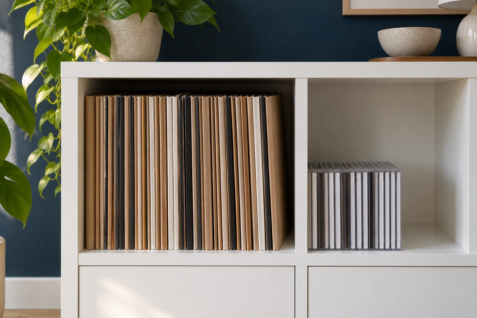Een witte kubuskast met links een vak vol rechtop staande platen in blanco hoezen dat helemaal gevuld is, en rechts een vak met een rij cd's in doosjes die maar een klein deel van datzelfde vak inneemt.