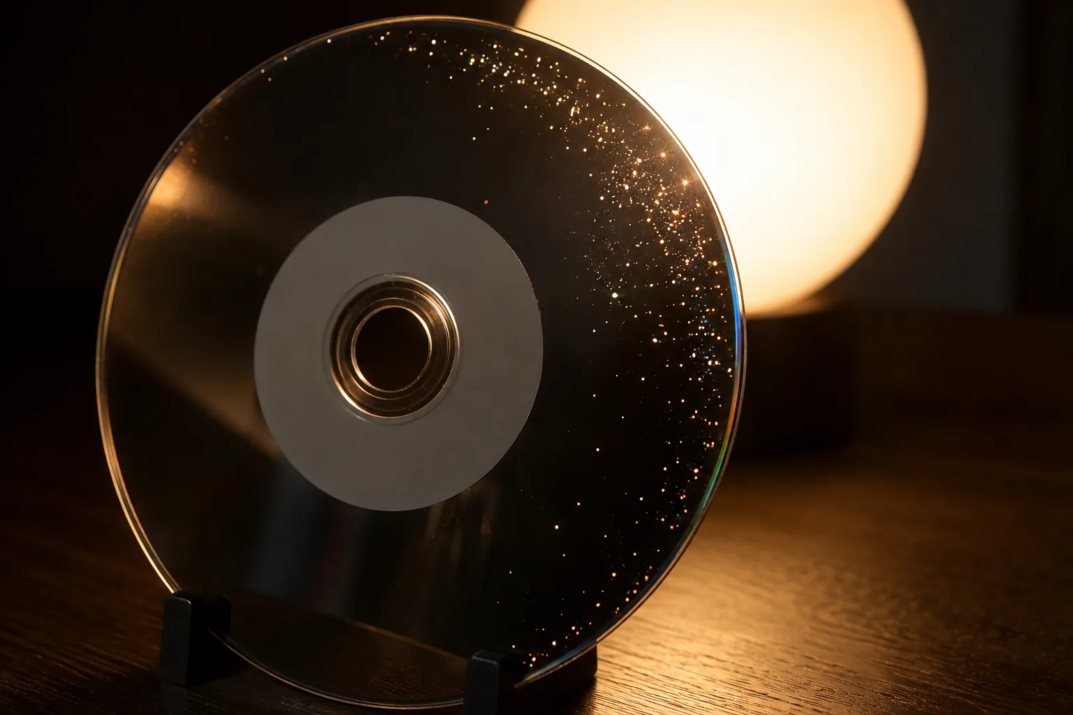 Een cd staat rechtop voor een warme lamp in een donkere kamer, met tientallen piepkleine lichtpuntjes die door de reflecterende laag heen schijnen, vooral aan de buitenrand.