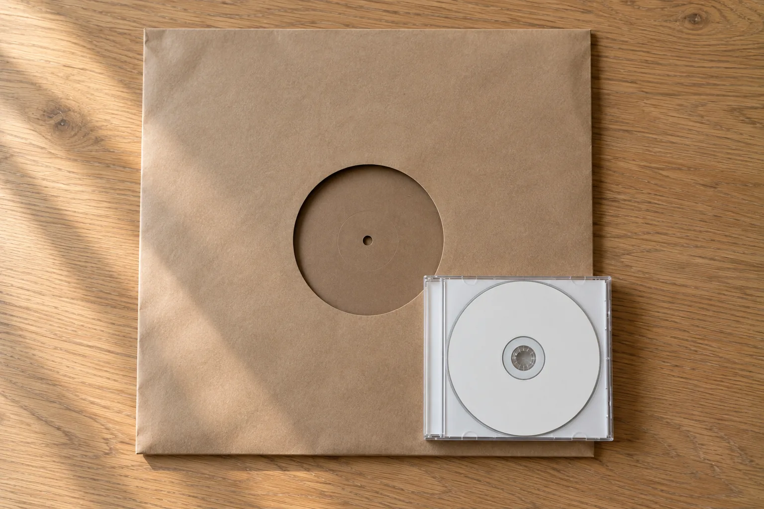Een lp in een blanco kraftpapieren hoes ligt plat op een eiken tafel, met daarop in de rechteronderhoek een cd in een doorzichtig doosje met een blanco wit inlegvel, waardoor het verschil in formaat meteen zichtbaar is.