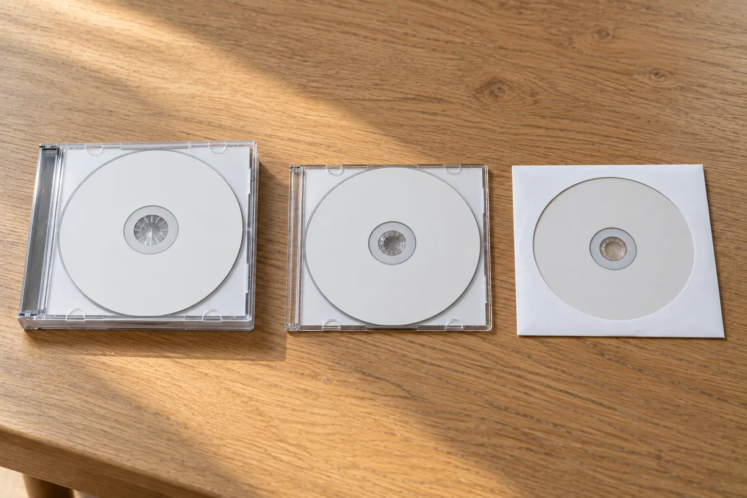 Drie cd's naast elkaar op een eiken tafel in drie soorten verpakking: een dik doorzichtig jewelcase, een half zo dun slimline doosje en een plat wit papieren hoesje.